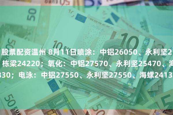 股票配资温州 8月11日喷涂：中铝26050、永利坚25050、海螺23930、栋梁24220；氧化：中铝27570、永利坚25470、海螺24330、栋梁24830；电泳：中铝27550、永利坚27550、海螺24130、栋梁25330；木纹：中铝30350、永利坚29950、海螺25430、栋梁27330。（单位：元/吨)